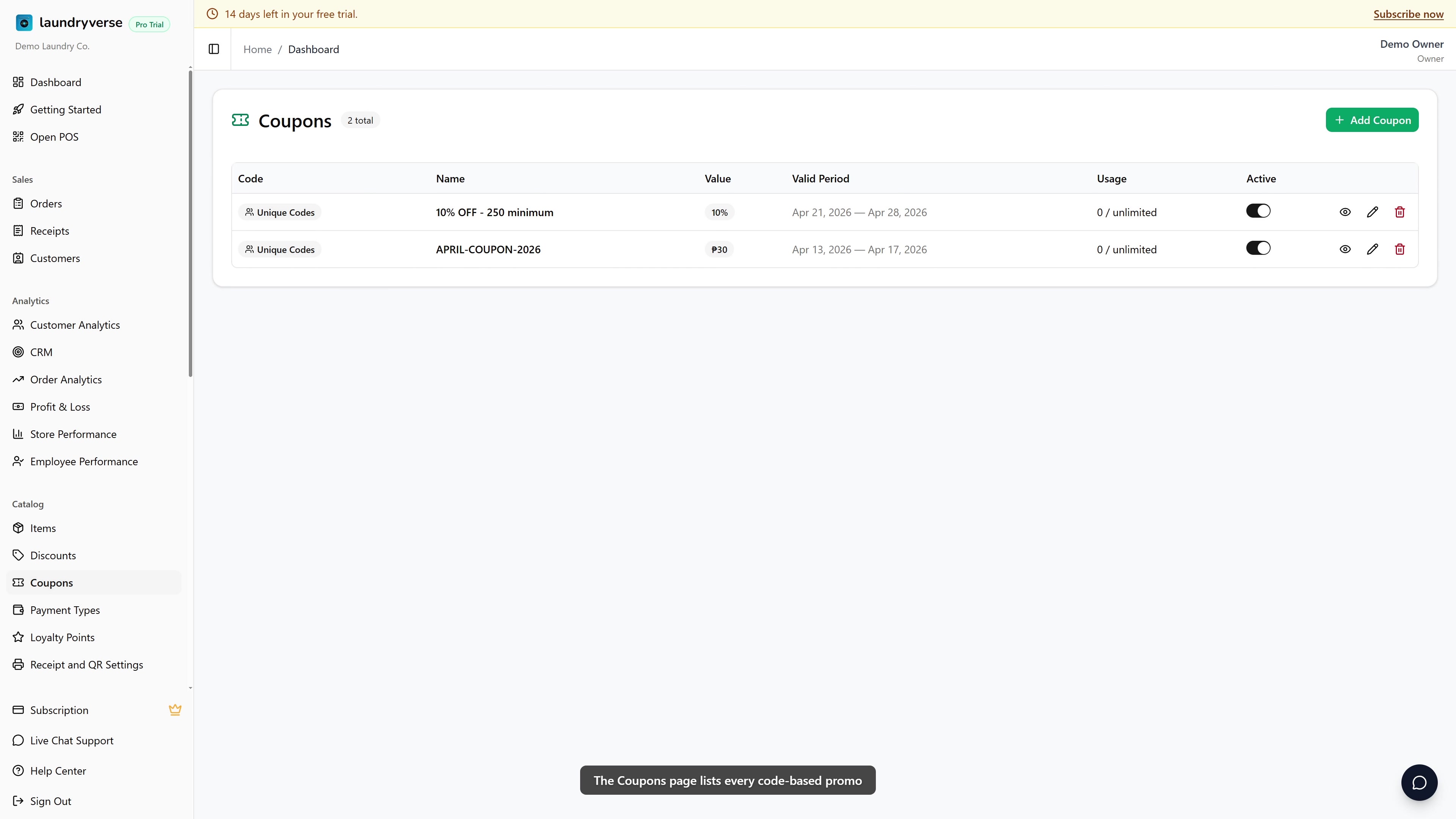 Coupons admin page walkthrough video