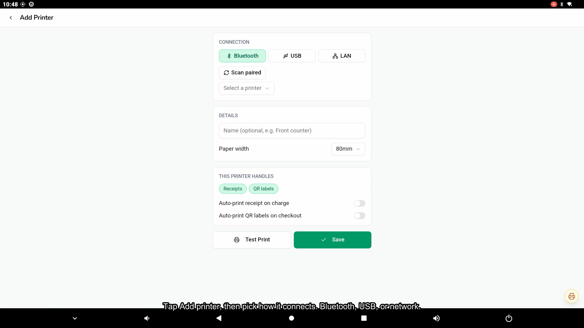 Connecting a Bluetooth printer and a USB printer in the LaundryVerse app